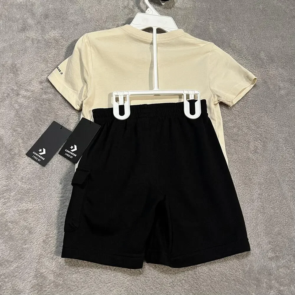 Converse Shirt Shorts Set Boys Size 7 Beige Black All Star Logo Graphic New